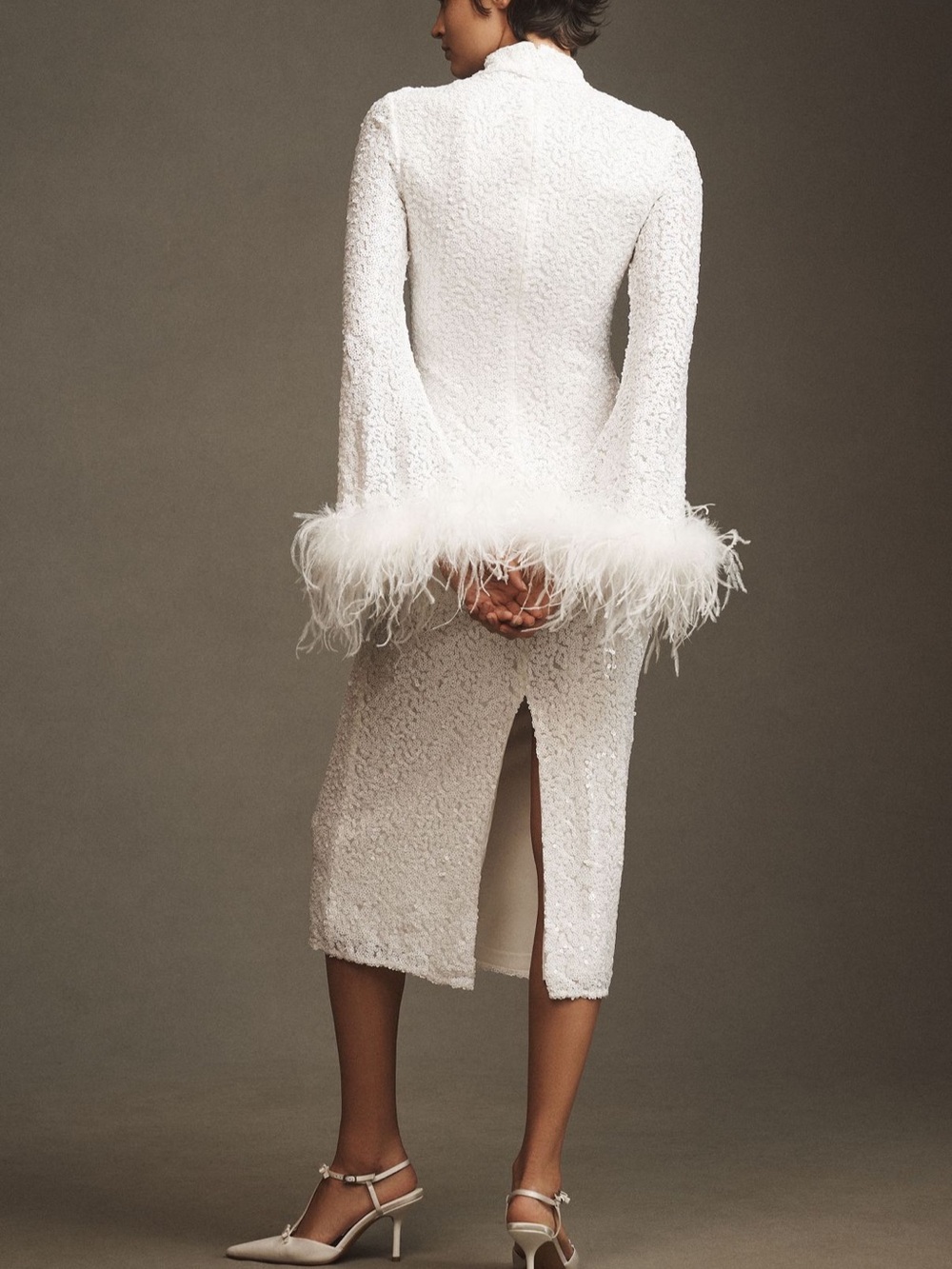 Anthropologie White Sequin Midi Dress with Feather Cuffs - Picture 5 of 5
